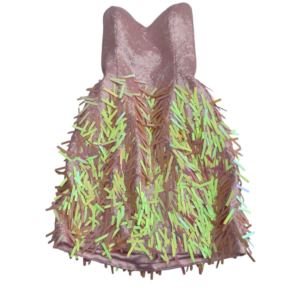 Flirt  pink sequins with iridescent fringe embellishment mini dress